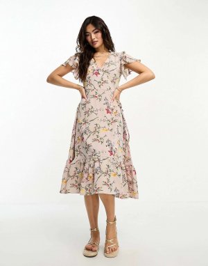 Бежевое чайное платье с короткими рукавами цветочным принтом Goddiva