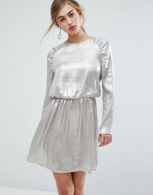 Платье мини с длинными рукавами и сборками на плечах -Серебряный Ivyrevel