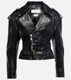 Кожаная куртка с поясом, черный Alexander McQueen