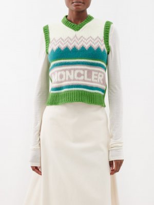 Шерстяной жилет-свитер с v-образным вырезом и логотипом-интарсия , белый Moncler