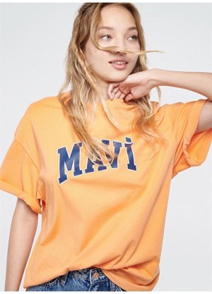 Оранжевая женская футболка с круглым воротником Mavi