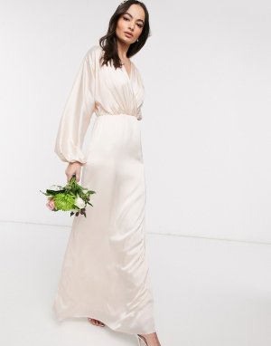 Нежно-розовое атласное платье макси с длинными рукавами Bridesmaids-Белый TFNC
