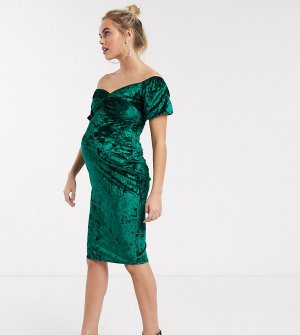 Бархатное платье миди с открытыми плечами -Зеленый Flounce London Maternity