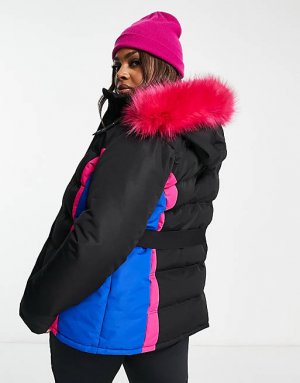 Черно-розовая куртка-пуховик Plus Ski с капюшоном из искусственного меха Threadbare
