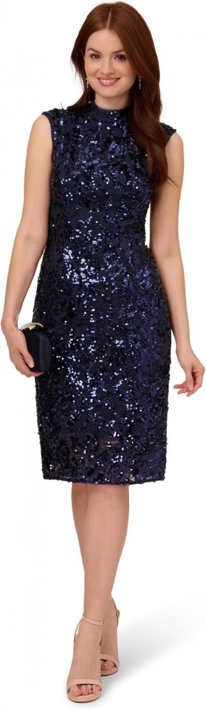 Коктейльное платье с воротником-стойкой и блестками кружевом стрейч , темно-синий Adrianna Papell