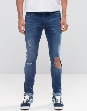 Синие джинсы с рваными коленками Kubban. Цвет: синий