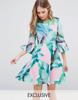 Платье мини с пальмовым принтом и расклешенными рукавами Every Cloud. Цвет: мульти