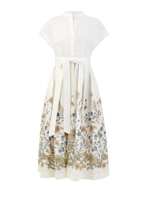 Хлопковое платье-рубашка с флористическим принтом и поясом ELEVENTY. Цвет: белый