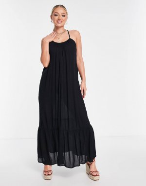 Черное мятое пляжное платье макси с заниженным подолом ASOS DESIGN