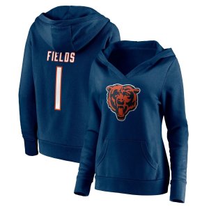 Женская толстовка с капюшоном и логотипом Justin Fields Navy Chicago Bears со значком игрока, имя номер, пуловер v-образным вырезом Fanatics