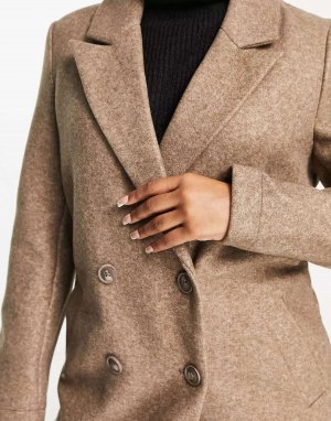 Коричневое двубортное длинное пальто Pimkie. Цвет: коричневый