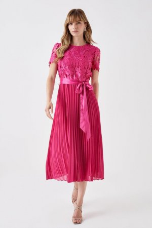 Платье миди с атласной кружевной плиссированной юбкой премиум-класса цветочным принтом , розовый Coast