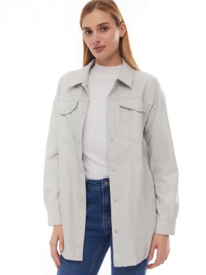 Удлинённая куртка-рубашка из экокожи с поясом zolla. Цвет: молоко