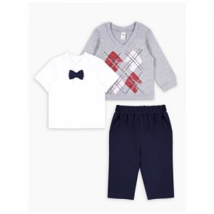Костюм из футболки-поло, джемпера и брюк «Маленький джентльмен», рост 92 см, цвет серый Веселый Малыш. Цвет: голубой/синий/серый