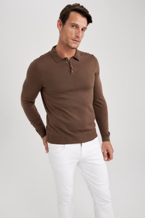 Облегающий свитер с воротником-поло, коричневый DeFacto