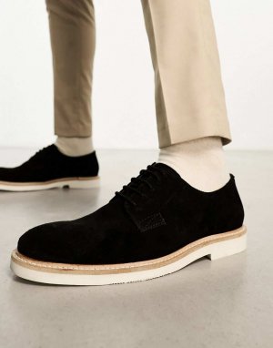 Черные замшевые туфли дерби на шнуровке DESIGN с белой контрастной подошвой Asos